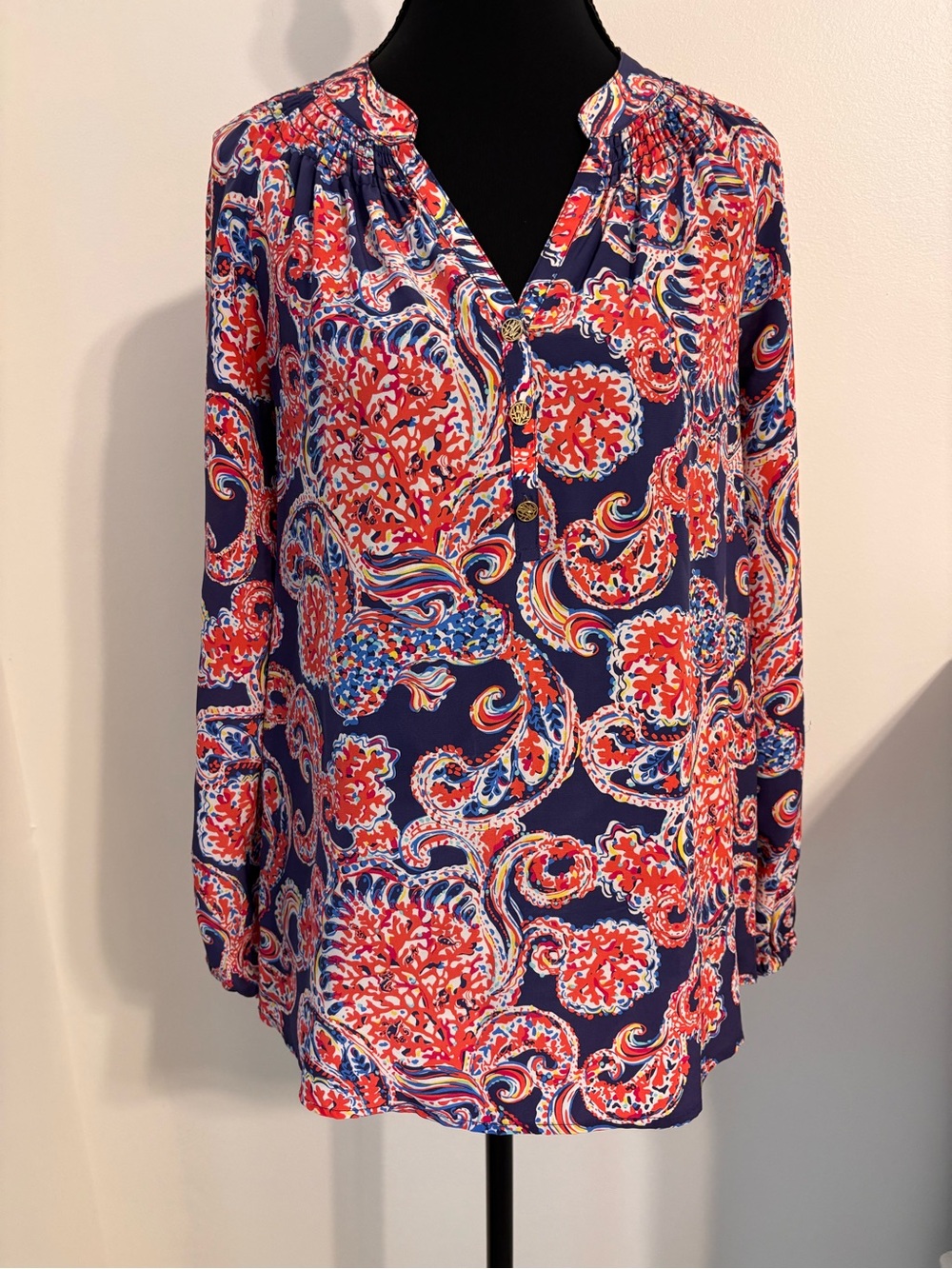 LILLY PULITZER ELSA 100% SILK Womens Sz XS Navy Red For the Halibut L/S Top EUC